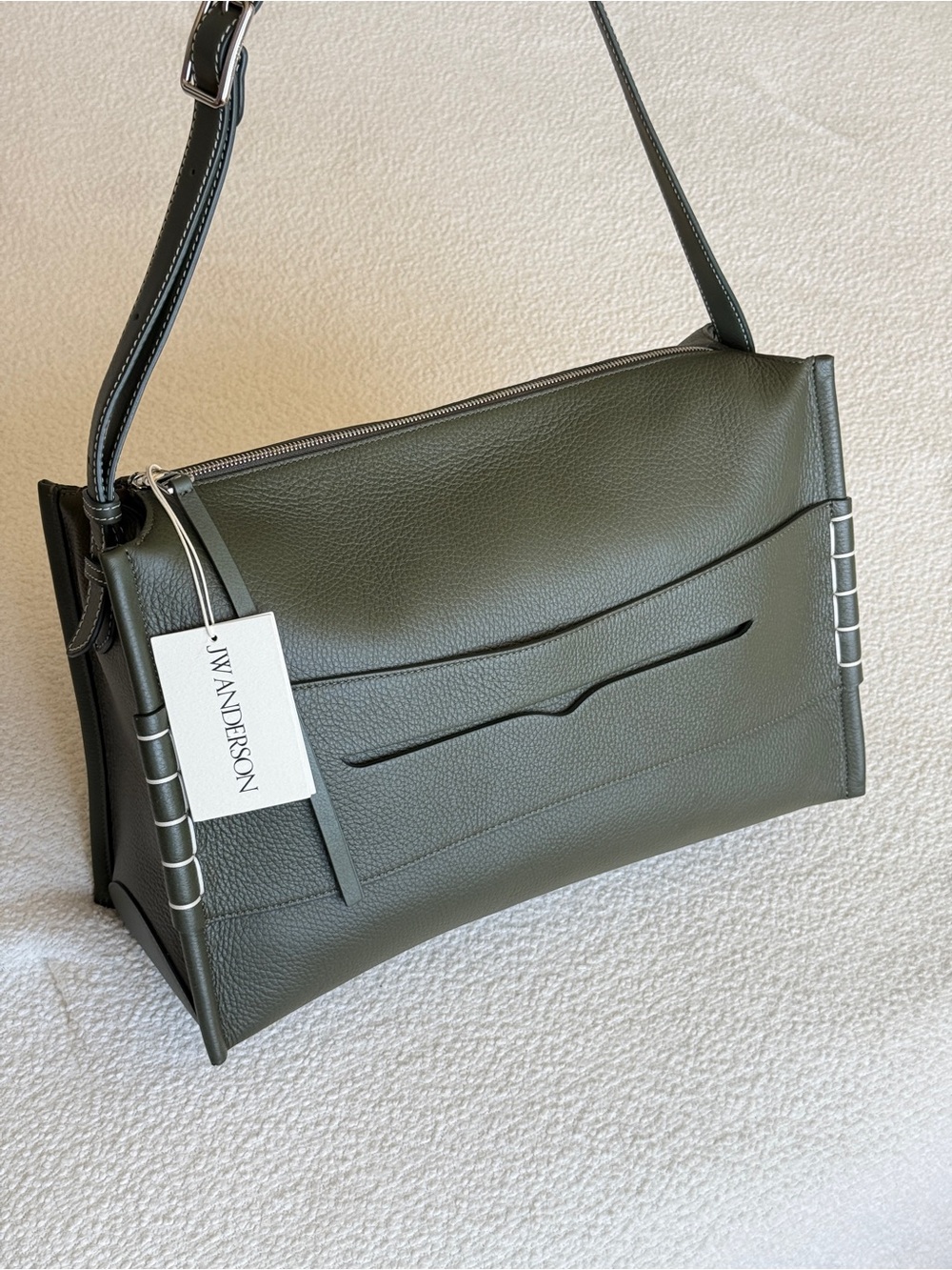 JW Anderson Large Messenger Loafer Bag in Dark Olive Khaki with White Stitching
